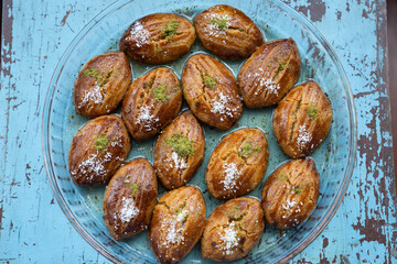 Turkish Dessert Background Photo, Traditional Turkish Pistachio Sugarpare (Fistikli Sekerpare) Photo, Üsküdar Istanbul, Turkey