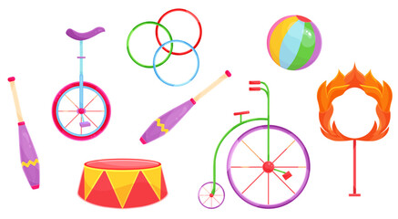 bright vector illustration set of circus equipment, accessories for circus, for circus performance - obrazy, fototapety, plakaty