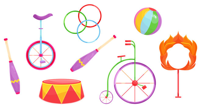 bright vector illustration set of circus equipment, accessories for circus, for circus performance