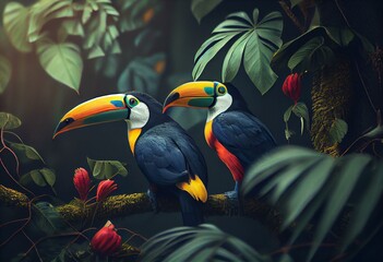 Fototapeta premium Two toucans on a tree in the morning rainforest. Generative Al Illustration. Generative AI