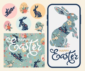 Happy Easter banner for social networks. Trendy Easter design with typography, hand drawn strokes and dots, eggs and bunny in pastel colors. Modern minimalist style.