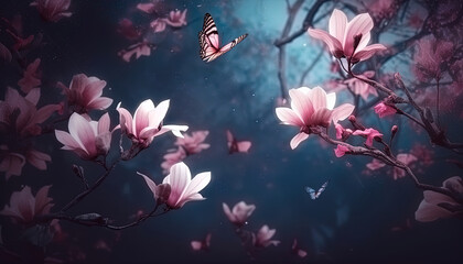 Close-up with magnolia flower, butterflies and empty space in a fantasy world