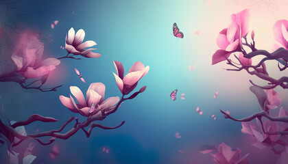Fototapeta na wymiar Close-up with magnolia flower, butterflies and empty space in a fantasy world