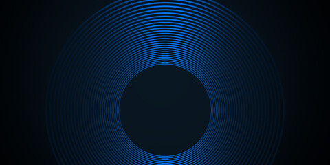 Dark blue abstract background with glowing circles lines. Modern futuristic shiny blue gradient circular lines pattern