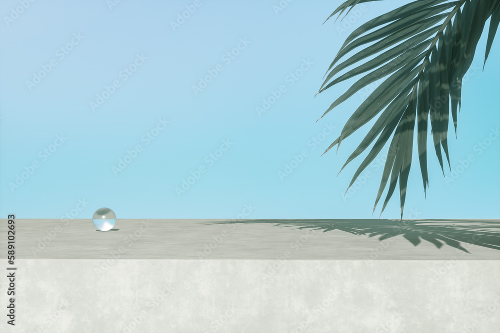 Poster summer podium backdrop for product display with tropical palm leaf. 3d rendering.