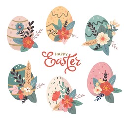 Happy Easter, greeting cards, posters, holiday covers. Trendy doodle design with typography, hand drawn strokes, dots and eggs in pastel colors. Minimalist contemporary art style.