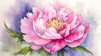 Watercolor painting of a peony flower. Hand-drawn illustration. Generative AI