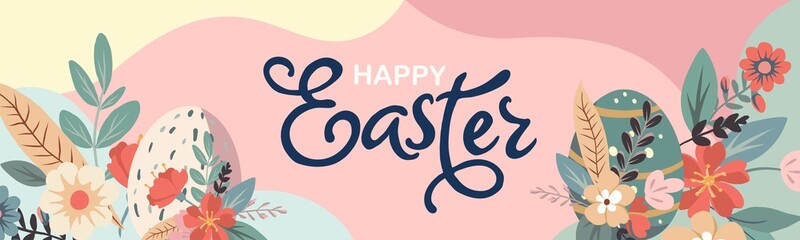 Happy Easter horizontal banner, greeting cards, posters, holiday covers. Trendy doodle design with typography, hand drawn strokes, dots and eggs in pastel colors. Minimalist contemporary art style.