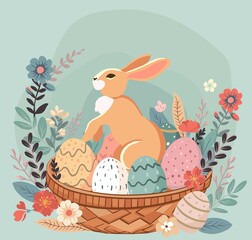 Poster with silhouettes of rabbits, spring flowers and colored eggs. Vector flat illustration. Holiday banner, flyer or congratulations voucher, brochure template layout.