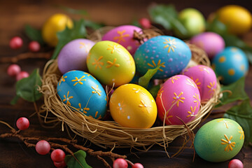 Fototapeta na wymiar 3DDefocused decorated eggs in nest, Easter scene