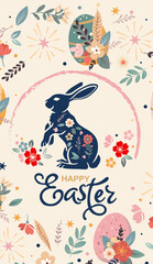 Fototapeta premium poster for stories, spring flowers and colored eggs. Vector flat illustration. Holiday banner, flyer or congratulations voucher, brochure template layout.