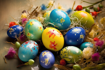 Fototapeta na wymiar 3DDefocused decorated eggs in nest, Easter scene