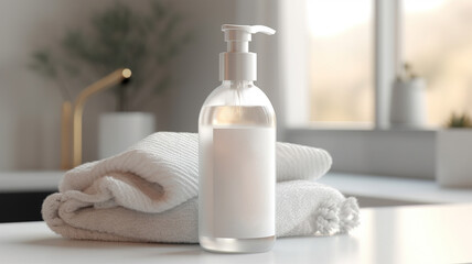 Fototapeta na wymiar 3D Liquid soap bottle with towels mockup