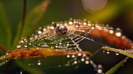 Macro shot, spider web in water drops, close-up, arachnid, biodiversity, colorful natural blurred bokeh background