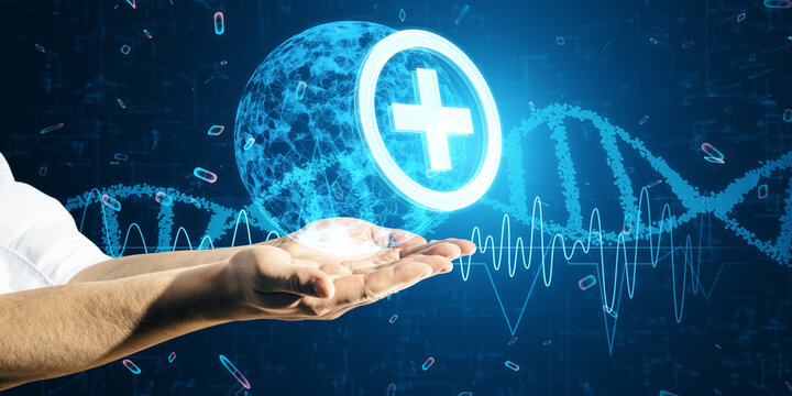 Close up of male hands holding glowing DNA helix, globe and healthcare cross hologram on dark background. Medicine and bioengineering concept.