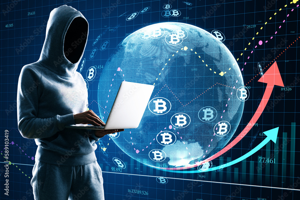 Poster hacker in hoodie using laptop with glowing globe hologram with financial arrows and money signs on b
