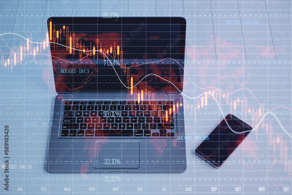 Poster close up of laptop and mobile phone on desktop with falling red crisis forex chart on screen. recess