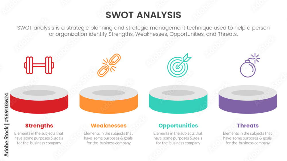 Poster swot analysis concept with product showcase horizontal line for infographic template banner with fou