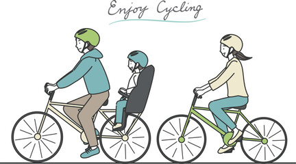ヘルメットをかぶり子供を後ろに乗せて自転車を運転する親子