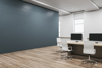 Fototapeta na wymiar Modern concrete and wooden coworking office interior with blank mock up place on wall, furniture, equipment and window with daylight. 3D Rendering.