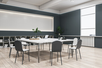 Bright wooden and concrete meeting room interior with long mock up panel and furniture. Boardroom, law and legal concept. 3D Rendering.