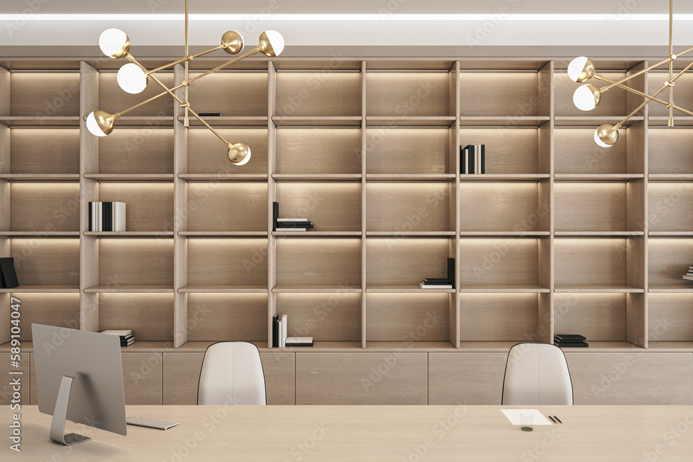 Aufkleber clean wooden office interior with bookshelf and desktop with equipment. 3d rendering.