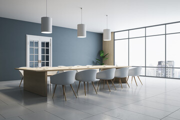 Modern meeting room office interior with lamps, window and city view, tile flooring, furniture and other objects. 3D Rendering.