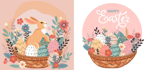 Happy Easter set of banners, greeting cards, posters, holiday covers. Trendy doodle design with typography, hand drawn strokes, dots and eggs in pastel colors. Minimalist contemporary art style.