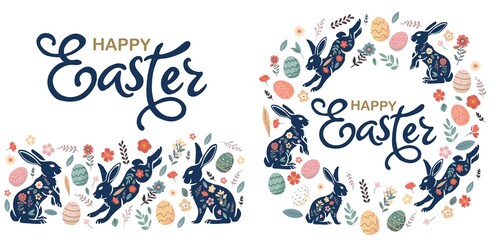 Happy Easter set of banners, greeting cards, posters, holiday covers. Trendy doodle design with typography, hand drawn strokes, dots and eggs in pastel colors. Minimalist contemporary art style.