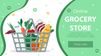 Vector online grocery store landing page template. Fresh products in shopping cart on green background. Horizontal backdrop, flyer, brochure for sale, discount, offers.
