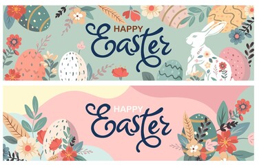 Happy Easter set of banners, greeting cards, posters, holiday covers. Trendy doodle design with typography, hand drawn strokes, dots and eggs in pastel colors. Minimalist contemporary art style.