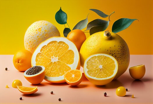 A yellow background with typical summer citrus fruits, with negative space. Generative AI