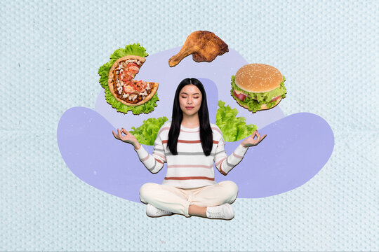 Creative collage picture of calm girl meditate think pizza burger fried chicken isolated on drawing background