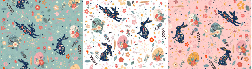 Happy Easter seamless pattern. Trendy Easter design with typography, hand drawn strokes and dots, eggs and bunny in pastel colors. Modern minimalist style.