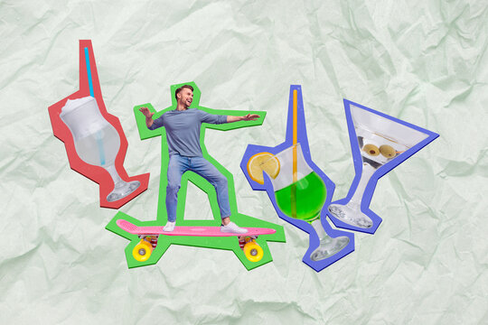 Creative collage picture of positive mini guy ride skate board huge alcohol cocktail drink glass isolated on drawing background