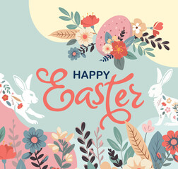 Happy Easter, greeting cards, posters, holiday covers. Trendy doodle design with typography, hand drawn strokes, dots and eggs in pastel colors. Minimalist contemporary art style.