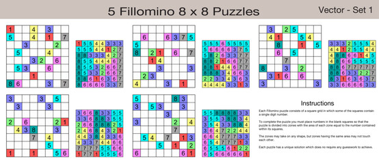 5 Fillomino 8 x 8 Puzzles. A set of scalable puzzles for kids and adults, which are ready for web use or to be compiled into a standard or large print activity book.