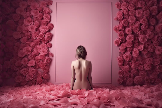 A Woman With Naked Back Sitted On Pink Roses In A Pink Room With Walls Full Of Pink Roses, Generative Ai Illustration