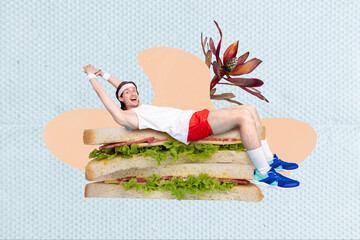Composite collage picture of excited mini sportsman sitting huge sandwich fresh flower isolated on...