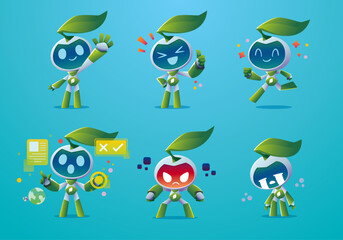 modern green eco robot mascot character set	
