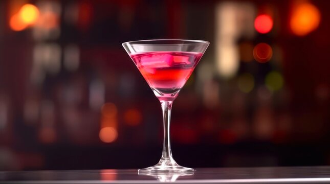 Glass of cocktail cosmopolitan in front of abstract blurred background of night bar. Red alcohol cocktail on a table in a restaurant. Generative AI.