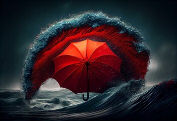 Red umbrella on ocean wave, in the storm. Heavy rain, dark cloudscape. Generative AI