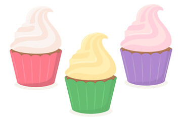 A set of sweet colorful delicious cupcakes with cream. Vector illustration of baking in a flat style.