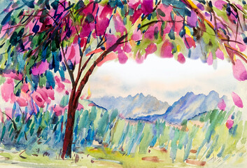 Watercolor landscape painting panorama colorful of natural beauty flowers tree and mountain.