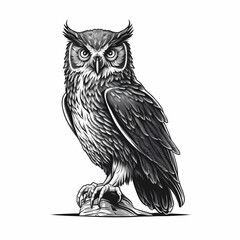 Owl Black And White Isolated White Background. Generative AI