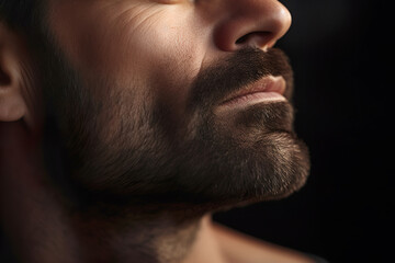 Obraz premium Closeup of handsome man face with dark stubble beard, on black background. Generative AI. 