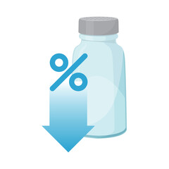 Vector illustration of image of reduced salt. This is represented by a metal capped shaker salt, percentage and downward pointing arrow.