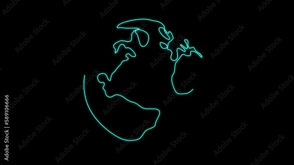 Poster animated continuous one line drawing of earth globe. self drawing animation of the world. neon line 