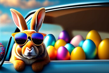Fototapeta na wymiar Cute Easter Bunny with sunglasses looking out of a car filed with easter eggs,