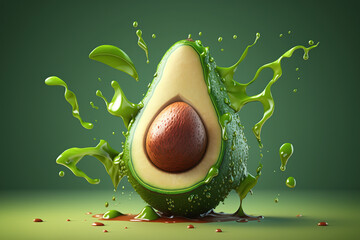 Levitation sliced avocado with oil splashes on green background, AI Generative. - obrazy, fototapety, plakaty
